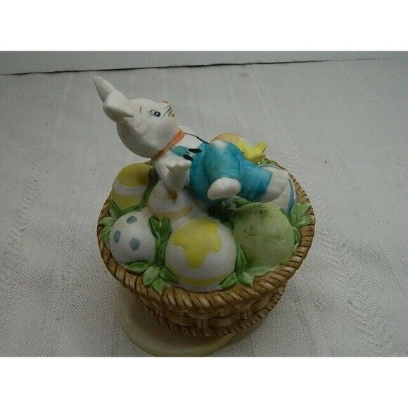 Brinn's Rotating Easter Bunny Musical Box Bunny on Eggs in Basket Wind Up Tested - Picture 5 of 9